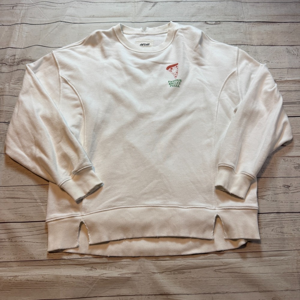 Aerie Famous Smiley NYC Pizza Crew Neck Sweater White Women's Size XS‎